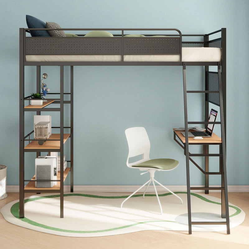 William - 3 Shelf Workstation Loft Bed With Built-In Desk And Storage
