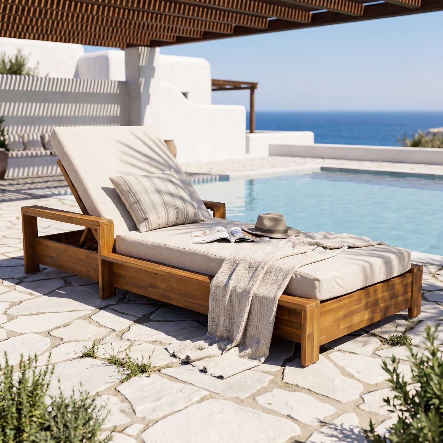 Chaise Lounge Set With 3 Position Adjustable Backrest, 2 Fold Cushion, Outdoor Recliner For Patio - Cream / Teak