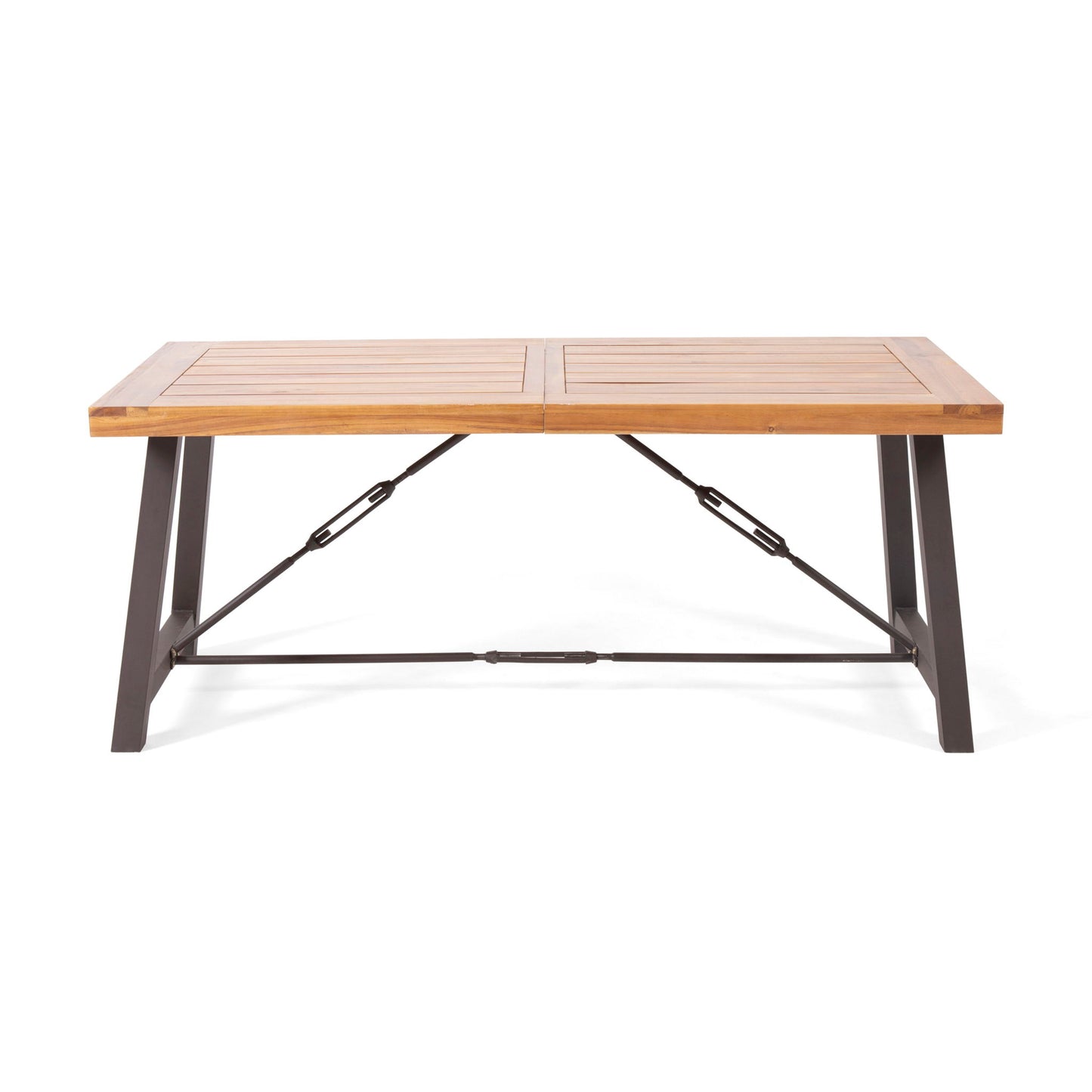 Outdoor Dining Table With Slat Wooden Panel And Turnbuckle Accents - Teak