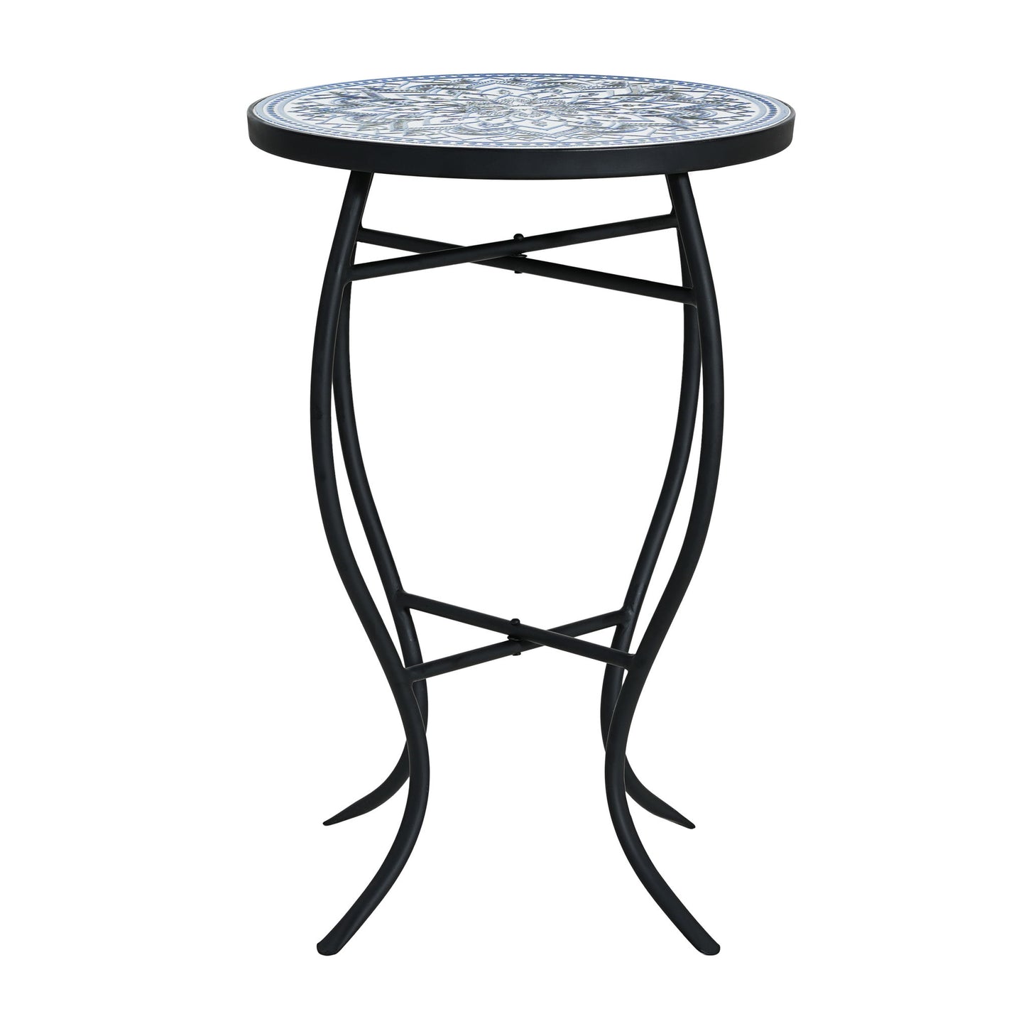 Outdoor Round Side Table With Mosaic Style Top And Curved Iron Legs