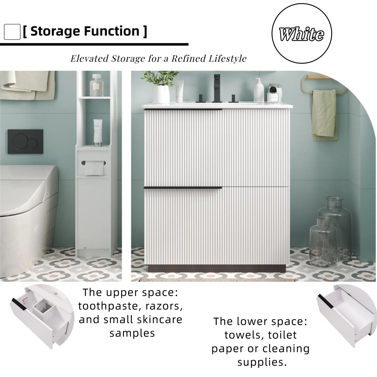 Fluted Bathroom Vanity With Ceramic Sink, Soft Close Slides
