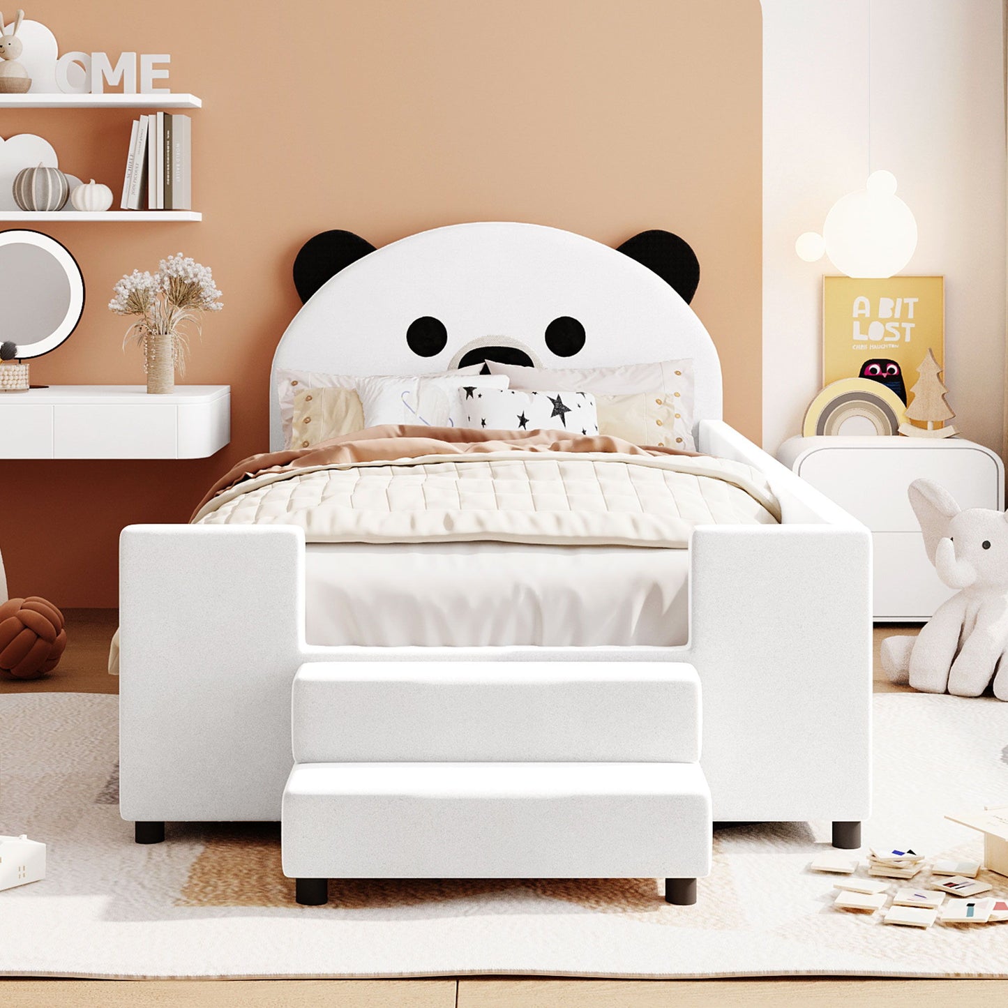 Upholstered Daybed With Bear Shaped Headboard, Hydraulic System And Breathable Fence