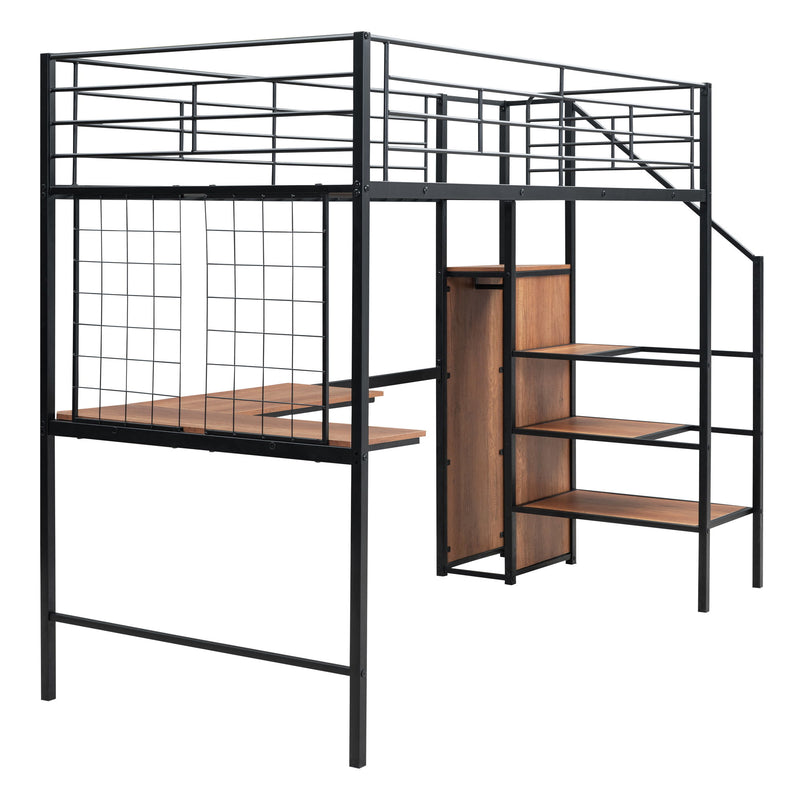 Twin Size Loft Bed With Desk And Grid, Storage Ladder And Wardrobe - Black
