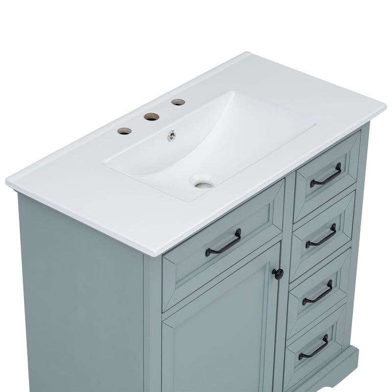 Bathroom Vanity With Ceramic Sink, Freestanding Design, 2 Tip Out Drawers, Soft Close Hinges - Gray