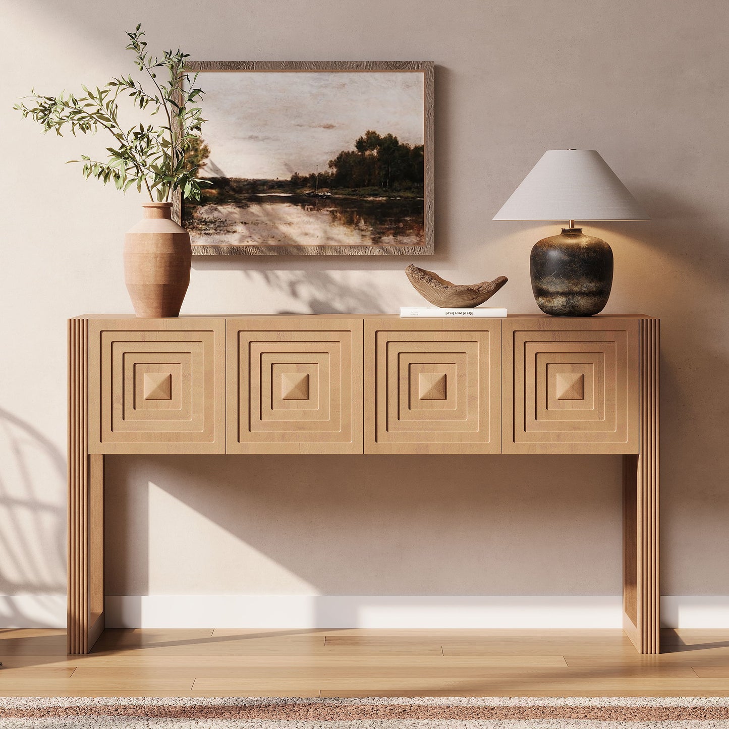 Geometric Carved Console Table With 3 Soft Close Drawers