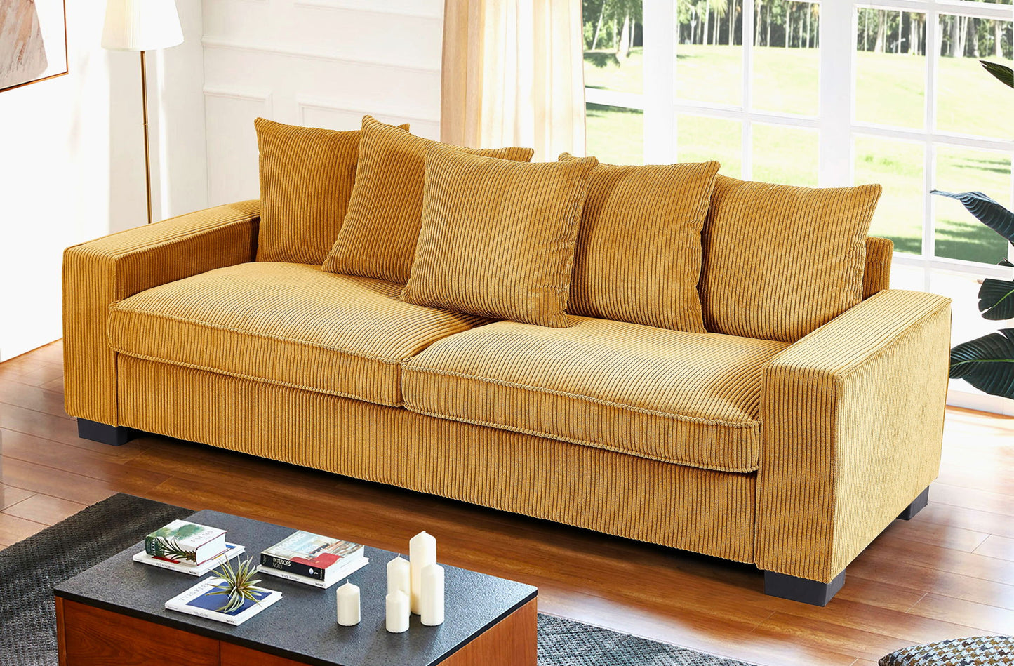 Luxe Sofa With 5 Matching Toss Pillows, Sleek Design, Spacious And Comfortable 3 Seater Couch