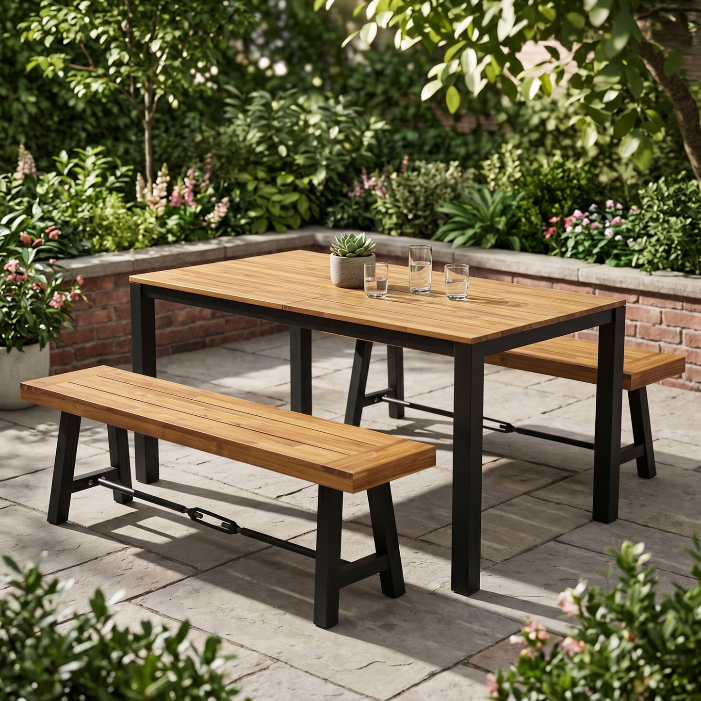 3 Piece Outdoor Dining Set, Rectangular Patio Table & 2 Benches - Black / Teak