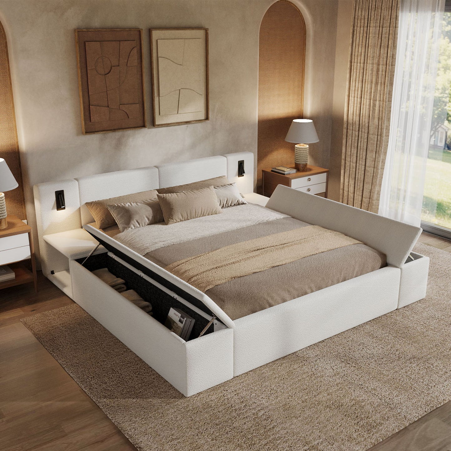 Upholstered Platform Bed Frame With Hidden Storage, Built-In Nightstands & LED Reading Lights