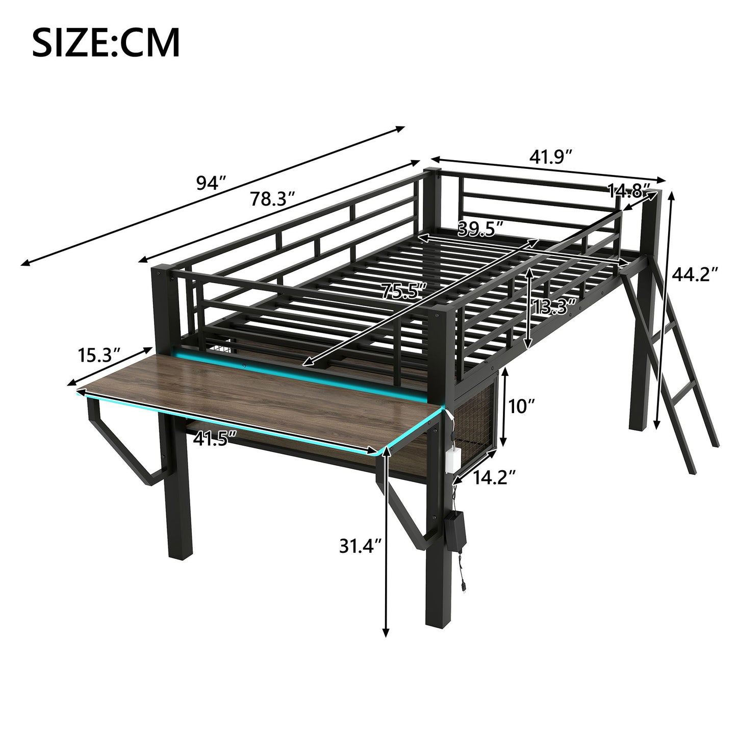 Gaming - Twin Loft Bed With Desk And LED - Black