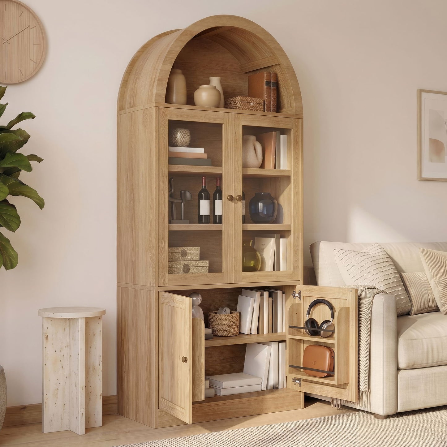Tall Arched Top Storage Cabinet With 5 Tier Shelves, Soft Close Hinges