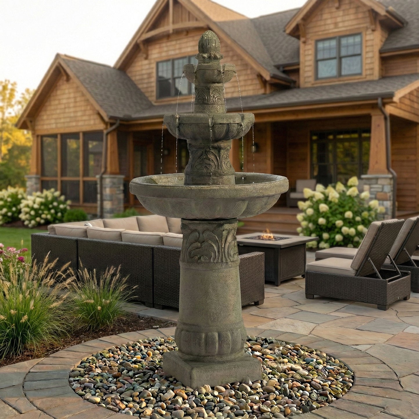 3 Tier Outdoor Garden Fountain With LED Lights - Gray