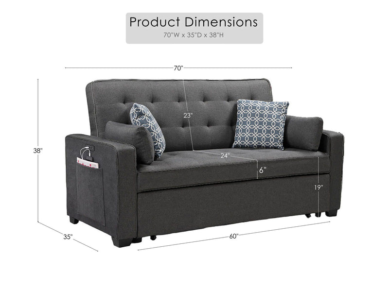 William - Sofá Cama Con 2 Puertos De Carga USB Y 4 Cojines Decorativos - Gris