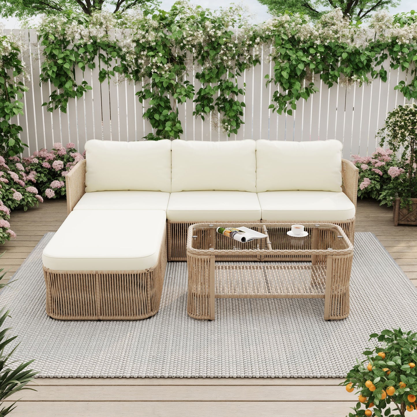 Outdoor Modular Conversation Sofa With Cushions And Coffee Table - Beige