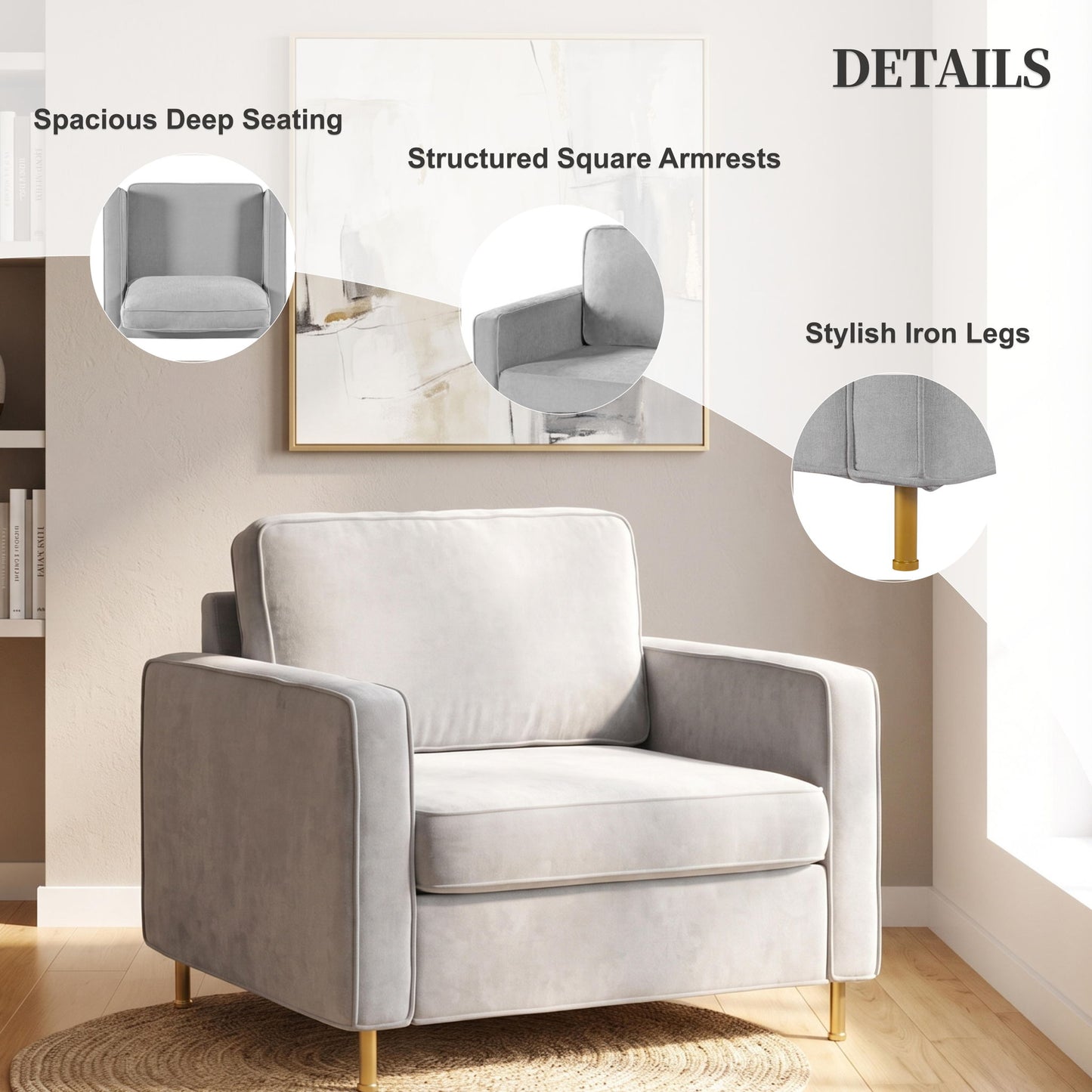 Accent Chair Upholstered Single Sofa With Square Arms, Sewn Pillow Back For Living Room