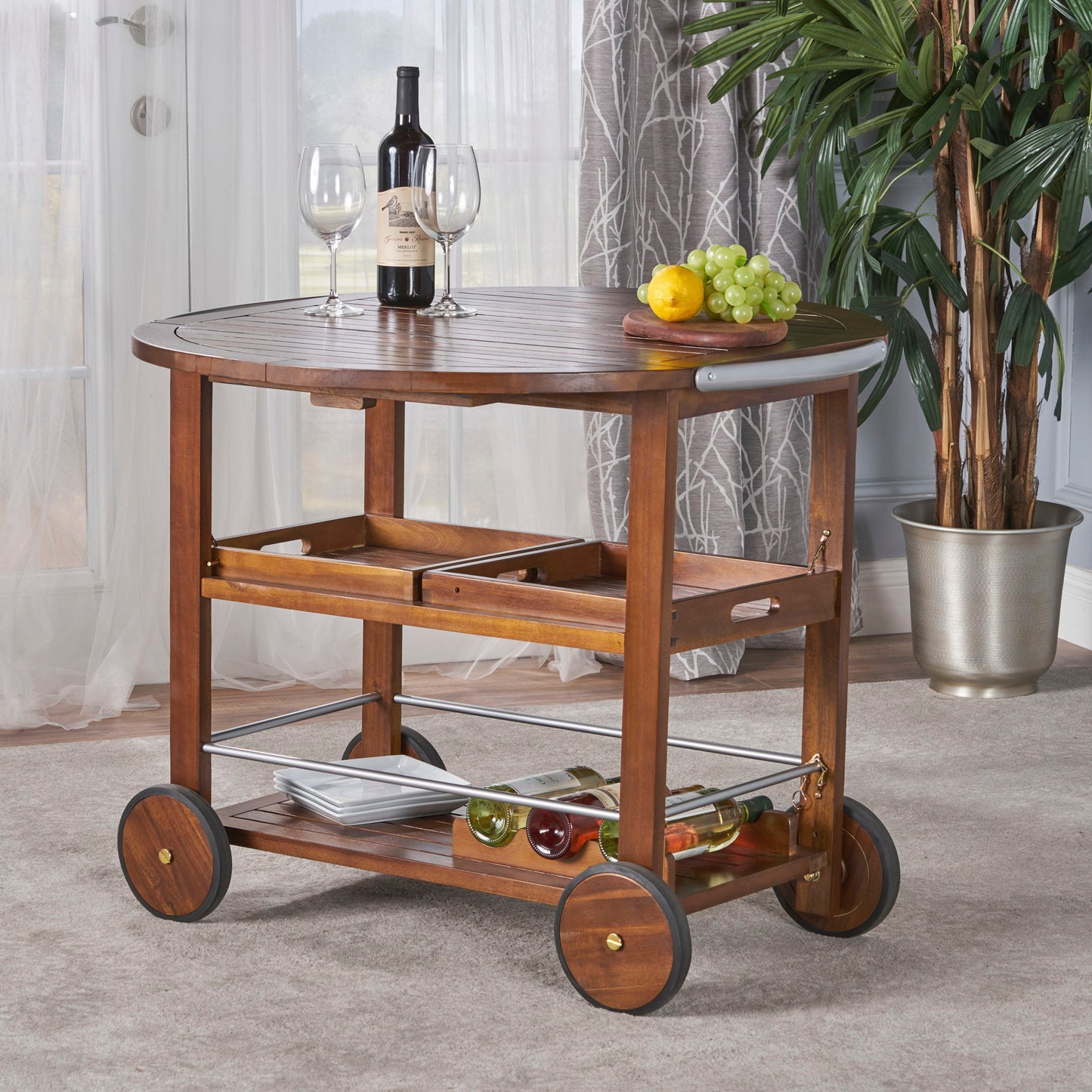 Wood And Aluminum Bar Cart With 2 Shelves - Oak / Silver