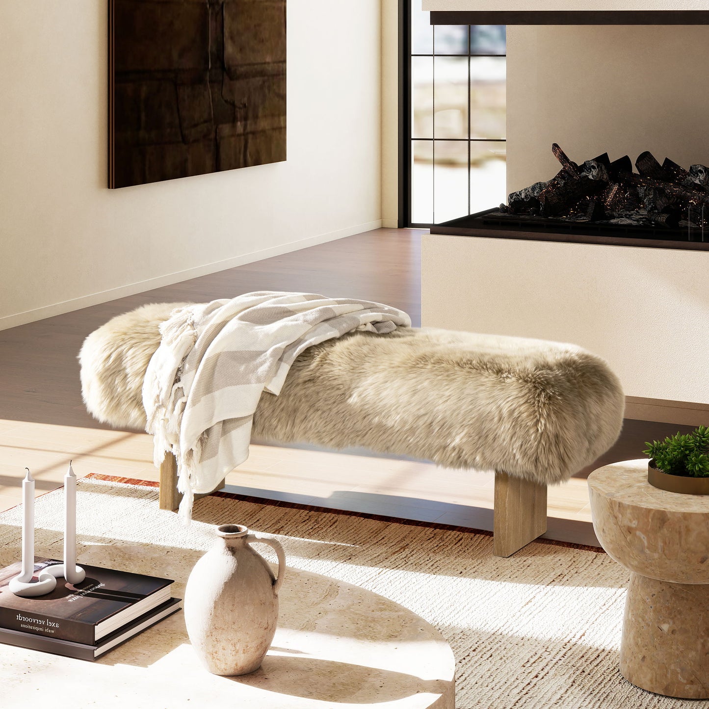 Leda - Sheepskin Fur Rectangular Accent Bench - Natural Blonde