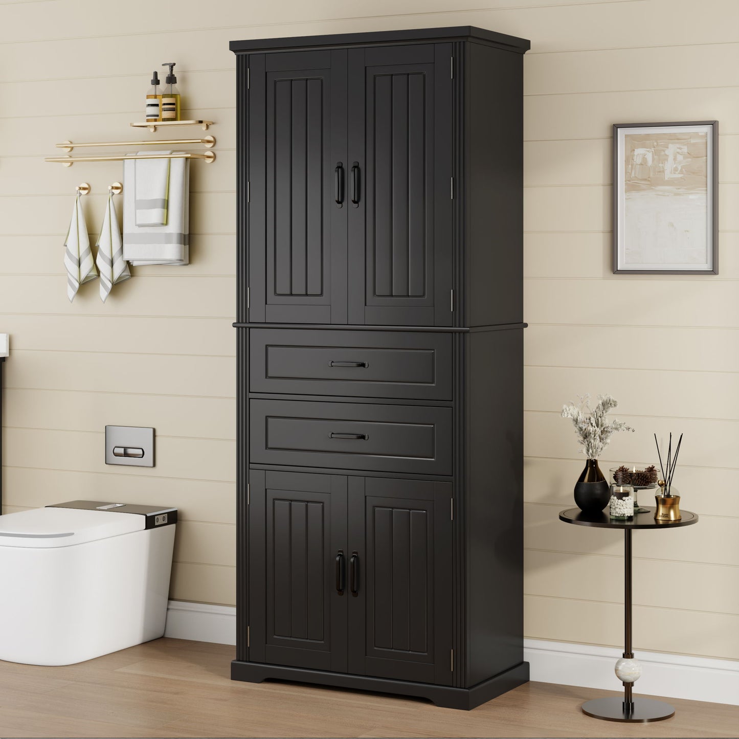 Multi Functional Storage Cabinet With Adjustable Shelves, 2 Drawers, Door Shelves