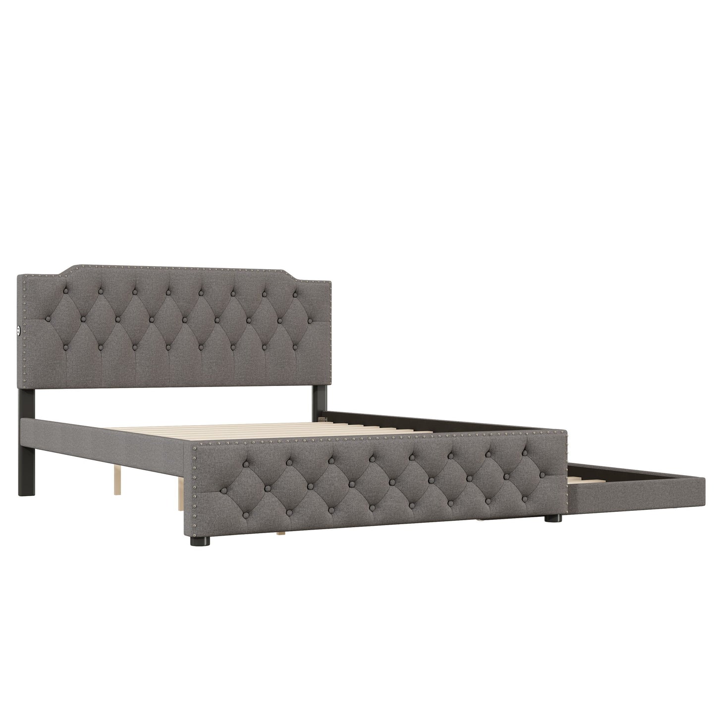 Upholstered Platform Bed With Trundle And 2 Sets Of USB Ports On Each Side, Fabric