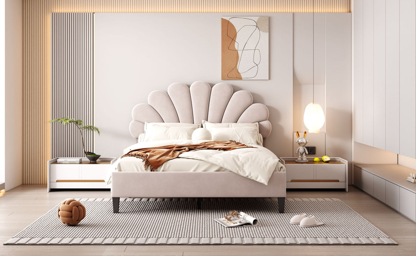 Upholstered Platform Bed With Flower Pattern Headboard