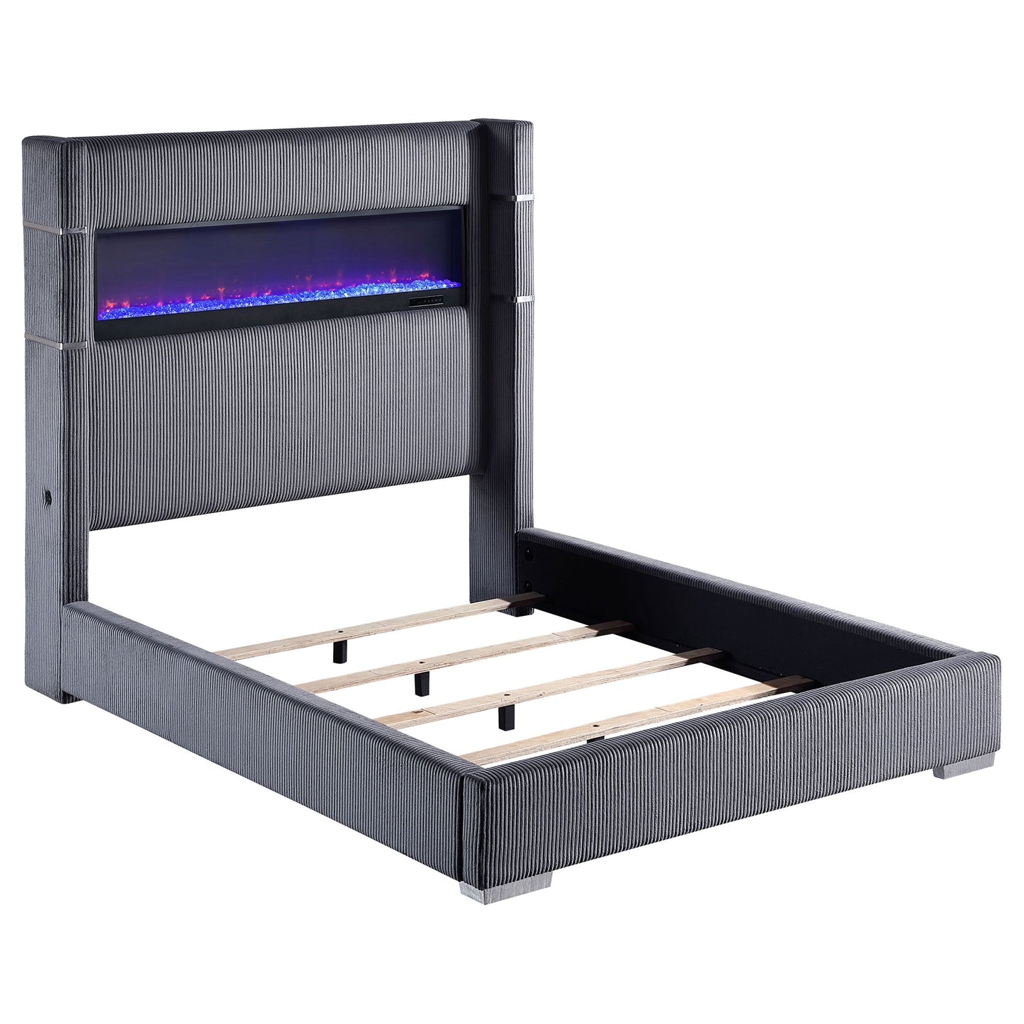 Haven - Upholstered Queen Bed With Integrated Flame Box - Gray