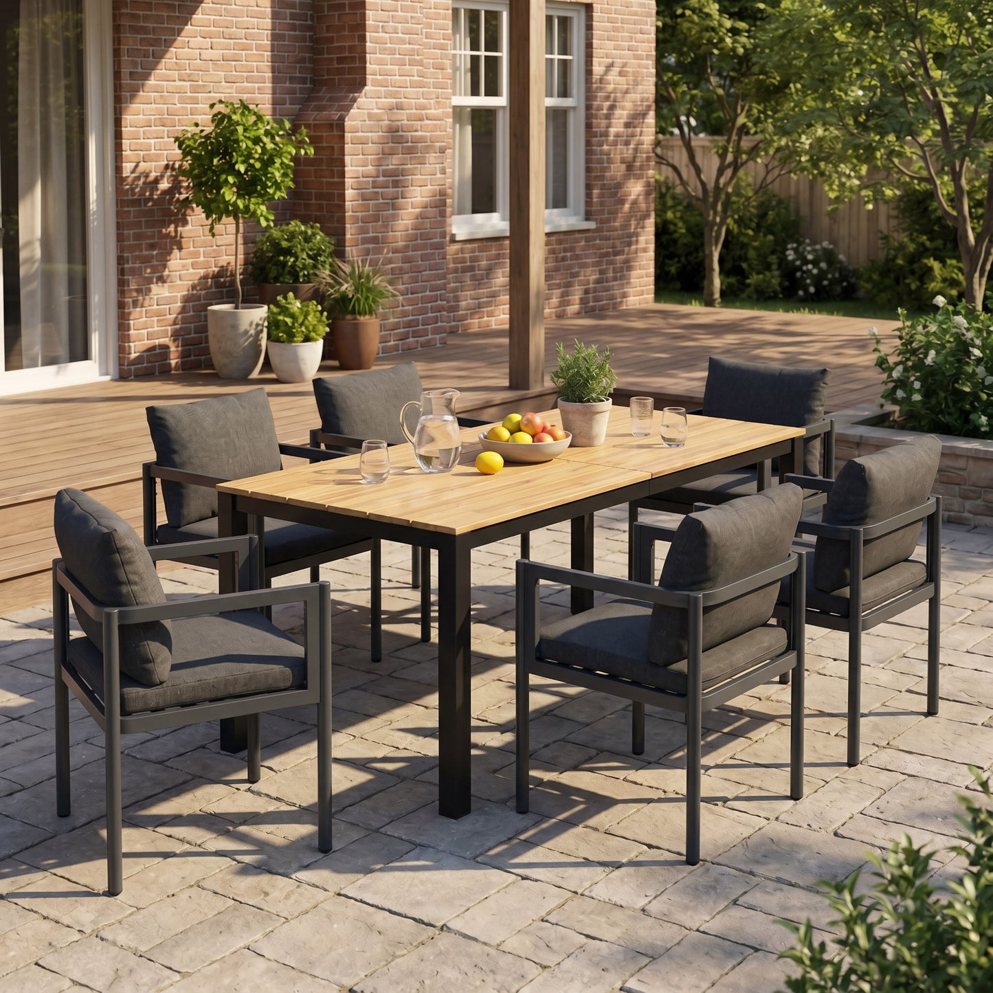 7 Piece Outdoor Dining Set With Table And 6 Chairs - Black / Gray / Teak