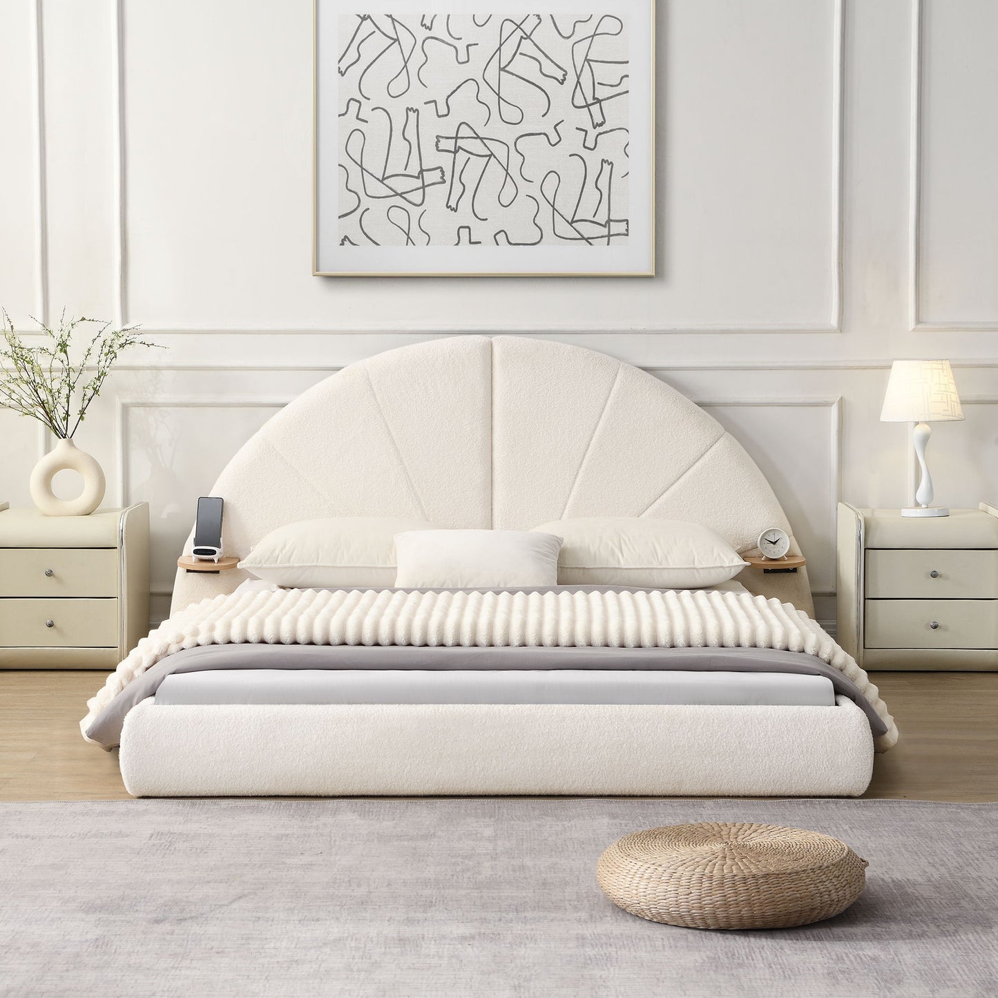Queen Arched Bed With Small Table, Floor Standing Design - Beige