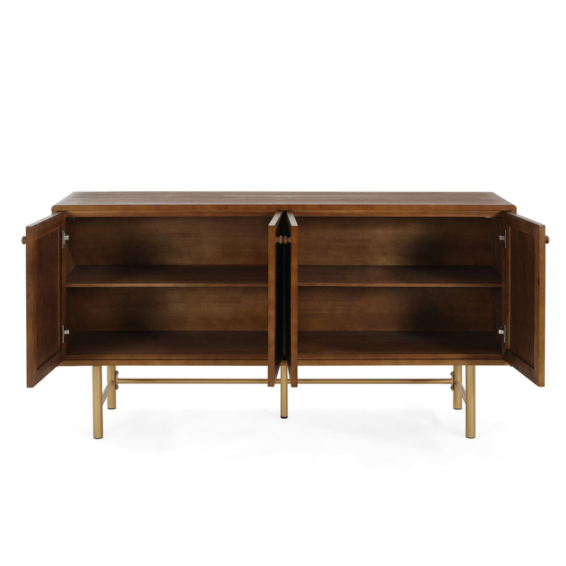 Modern Scandinavian 4 Door Sideboard Storage Cabinet With Adjustable Shelves - Brown / Gold