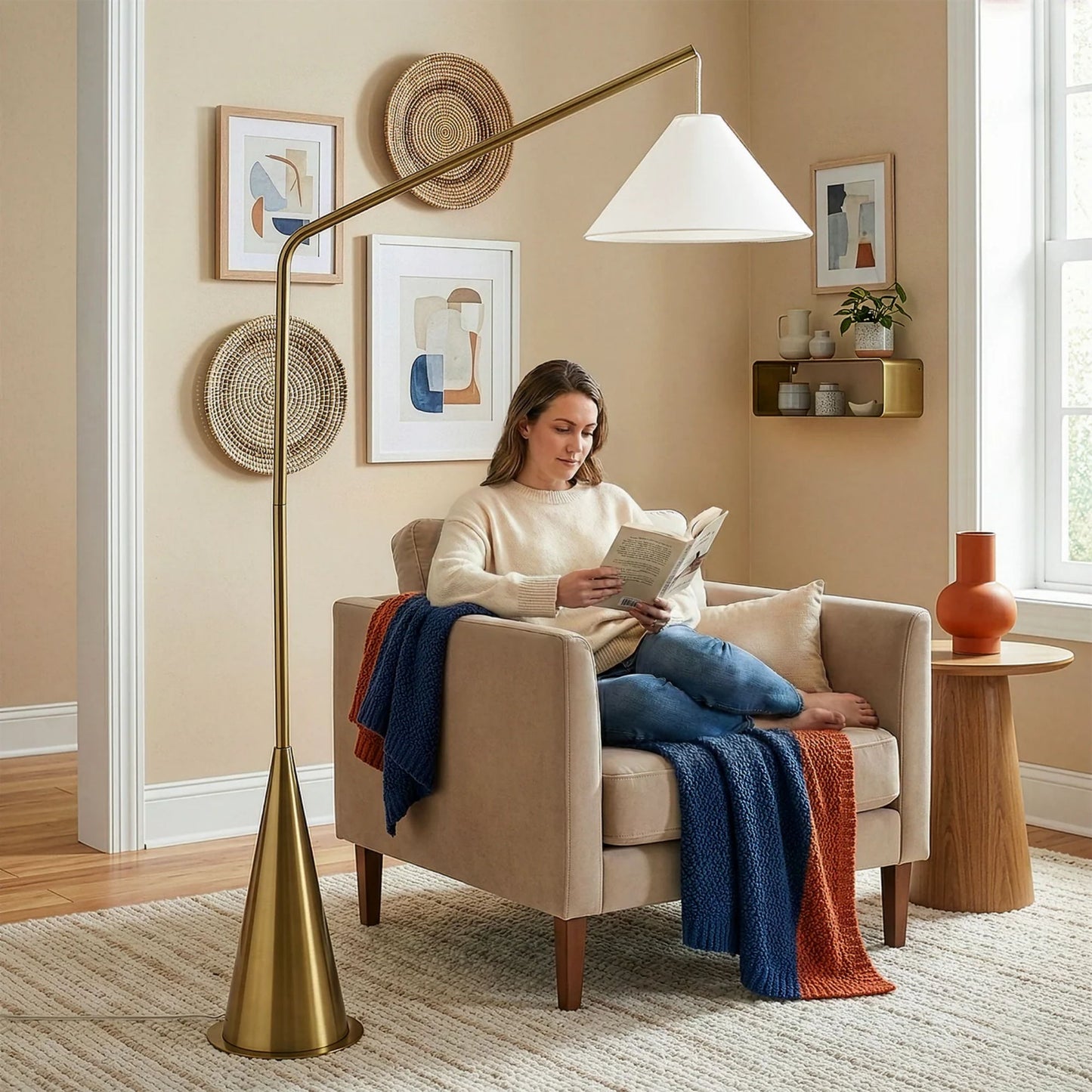 Lisbon - Floor Lamp With On / Off Switch Coned Base Hanging Shade - Antique Brass / White