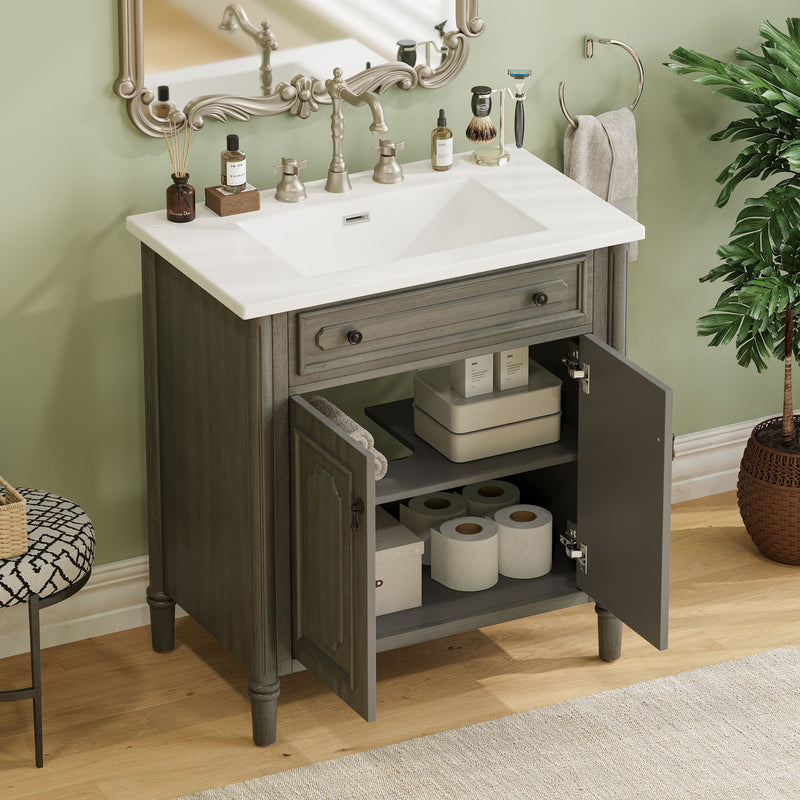Tocador de baño vintage con lavabo, mueble rústico con puertas de cierre suave