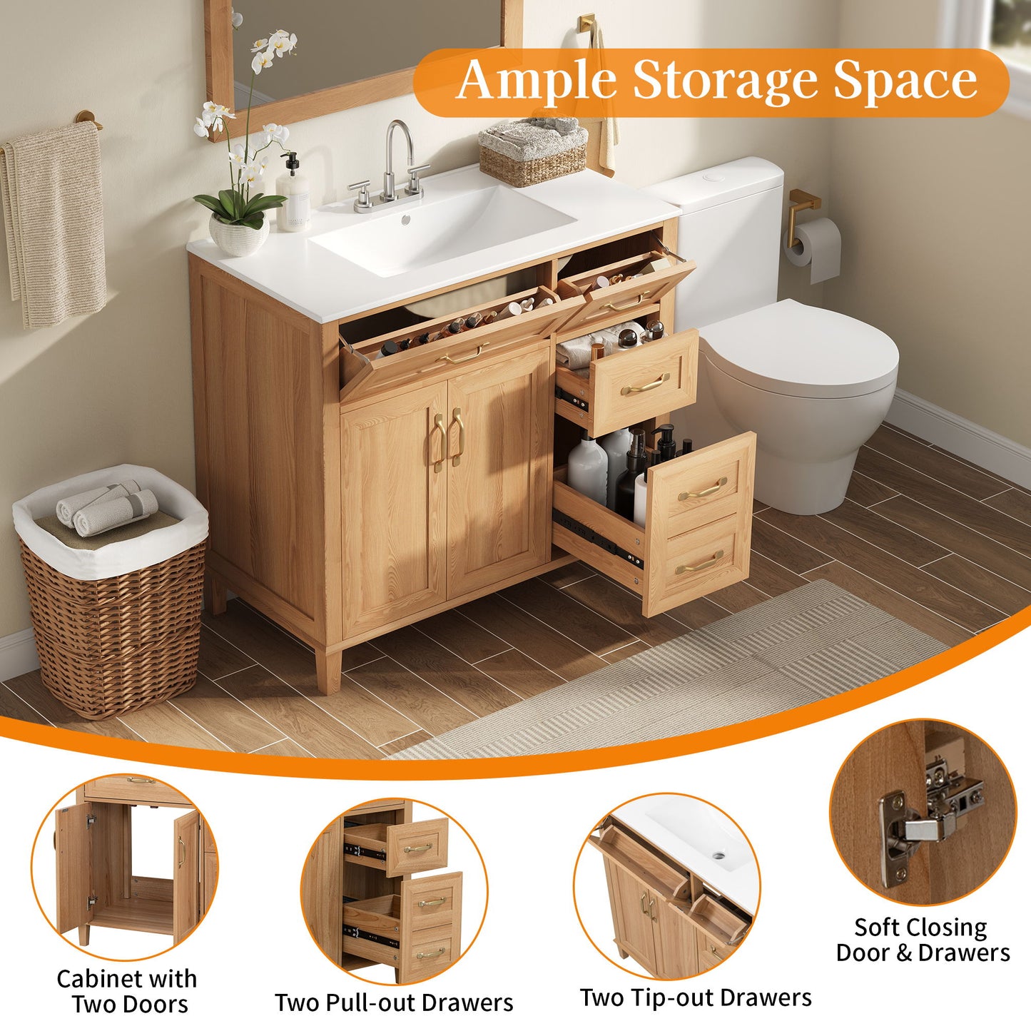 Bathroom Vanity With Sink, Soft Close Doors & Drawers - Wood