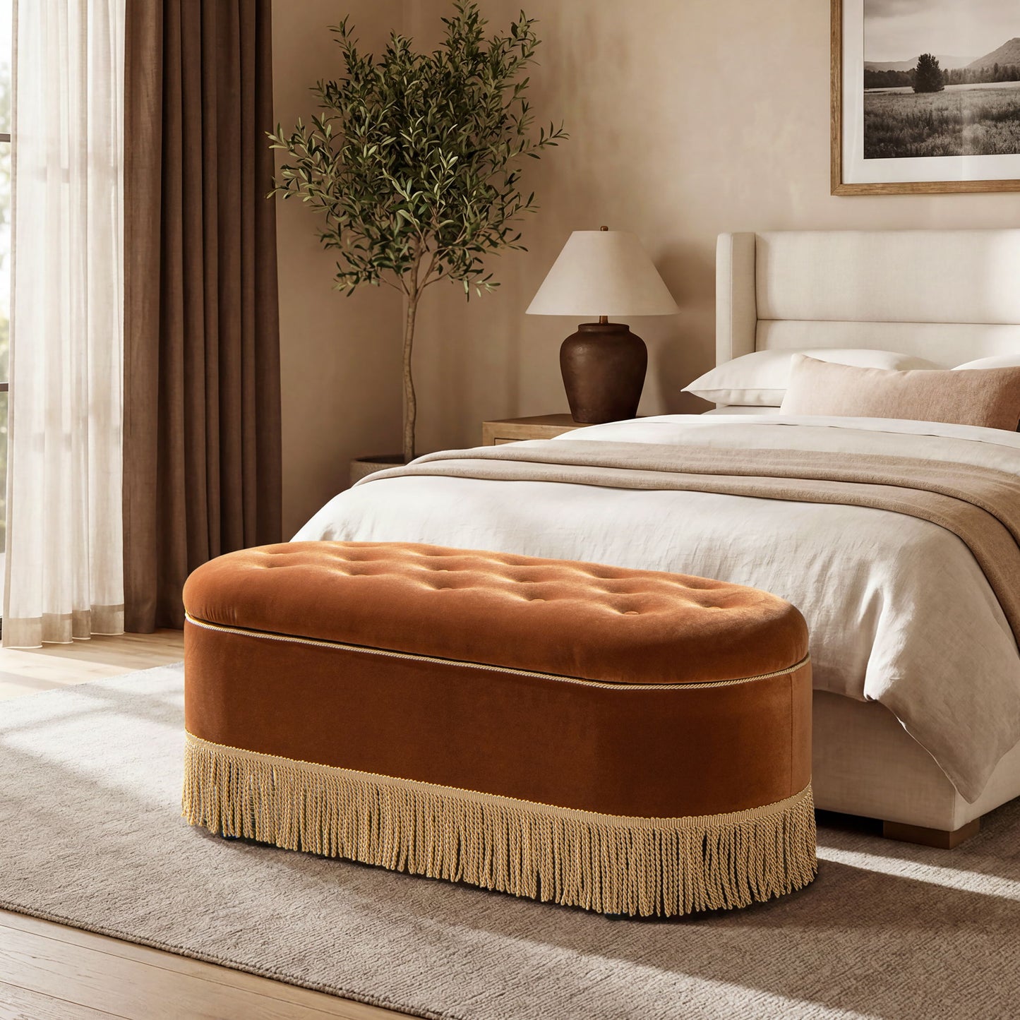 Melinda - Oval Tufted Bullion Fringe Storage Bench
