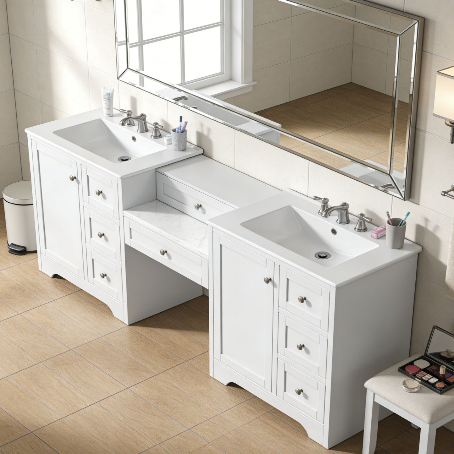 Double Sink Bathroom Vanity With Countertop, 2 Ceramic Sinks, 6 Drawers, Soft Close Design