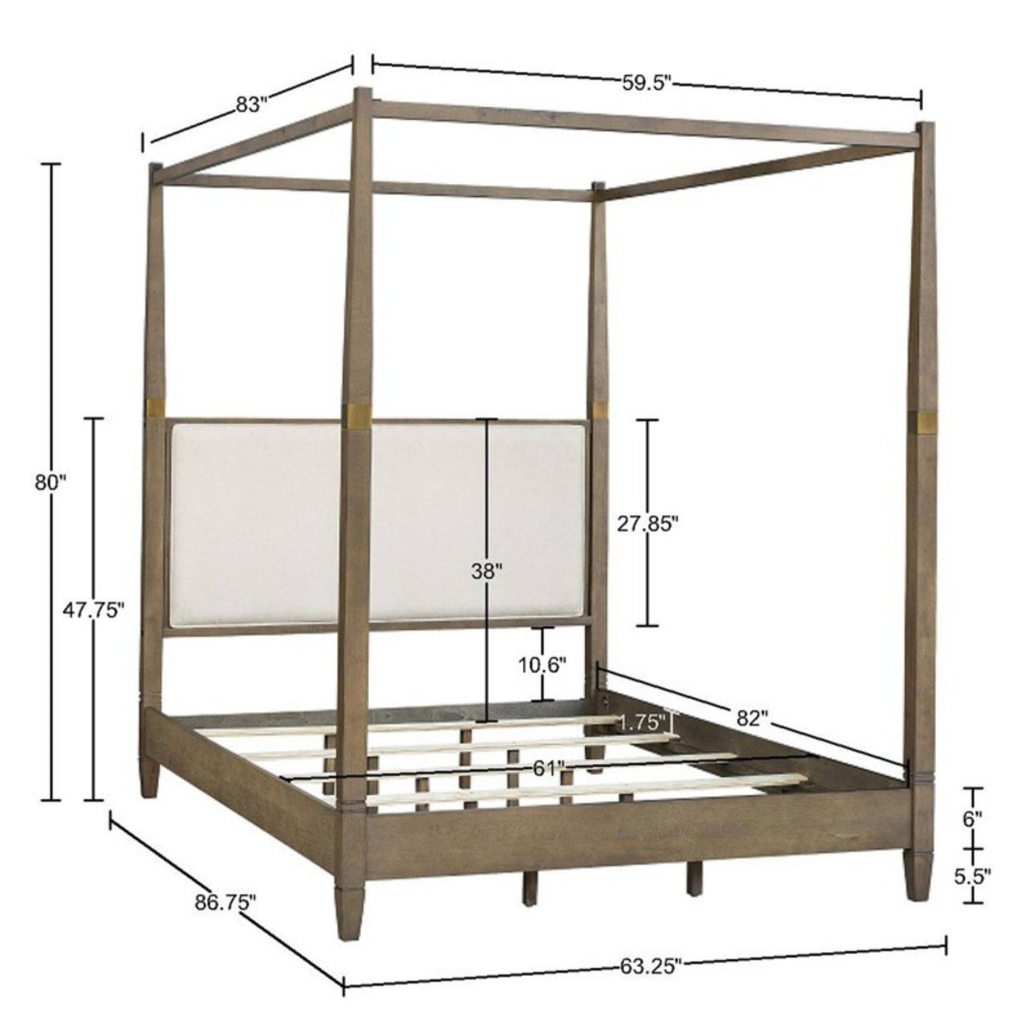 Queen Canopy Bed Frame With Upholstered Headboard - Brown