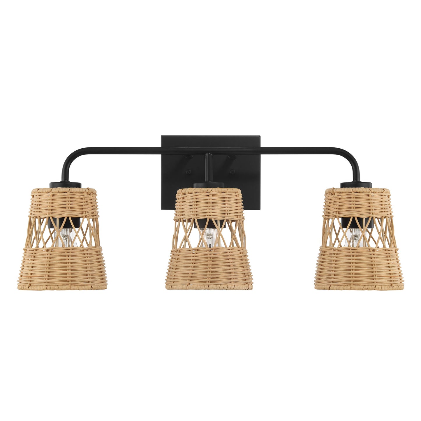 Moonlit - 3 Lights Wall Sconce With Shade, Bathroom Lighting Fixtures Over Mirror - Black / Rattan