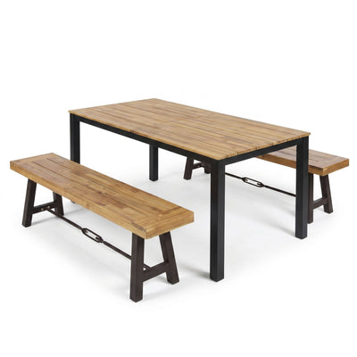 3 Piece Outdoor Dining Set, Rectangular Patio Table & 2 Benches - Black / Teak