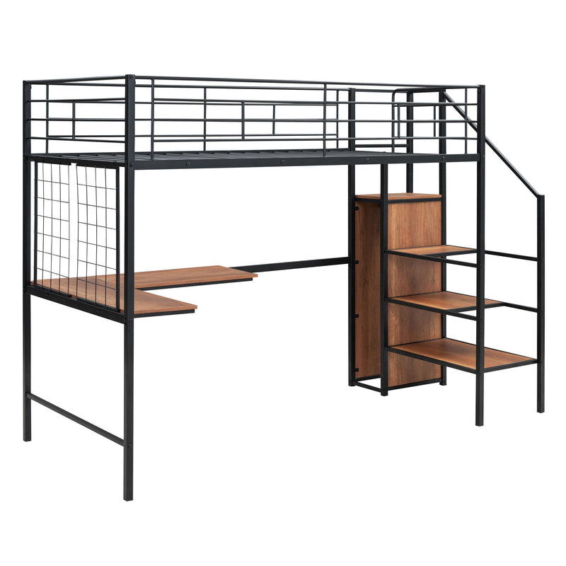 Twin Size Loft Bed With Desk And Grid, Storage Ladder And Wardrobe - Black