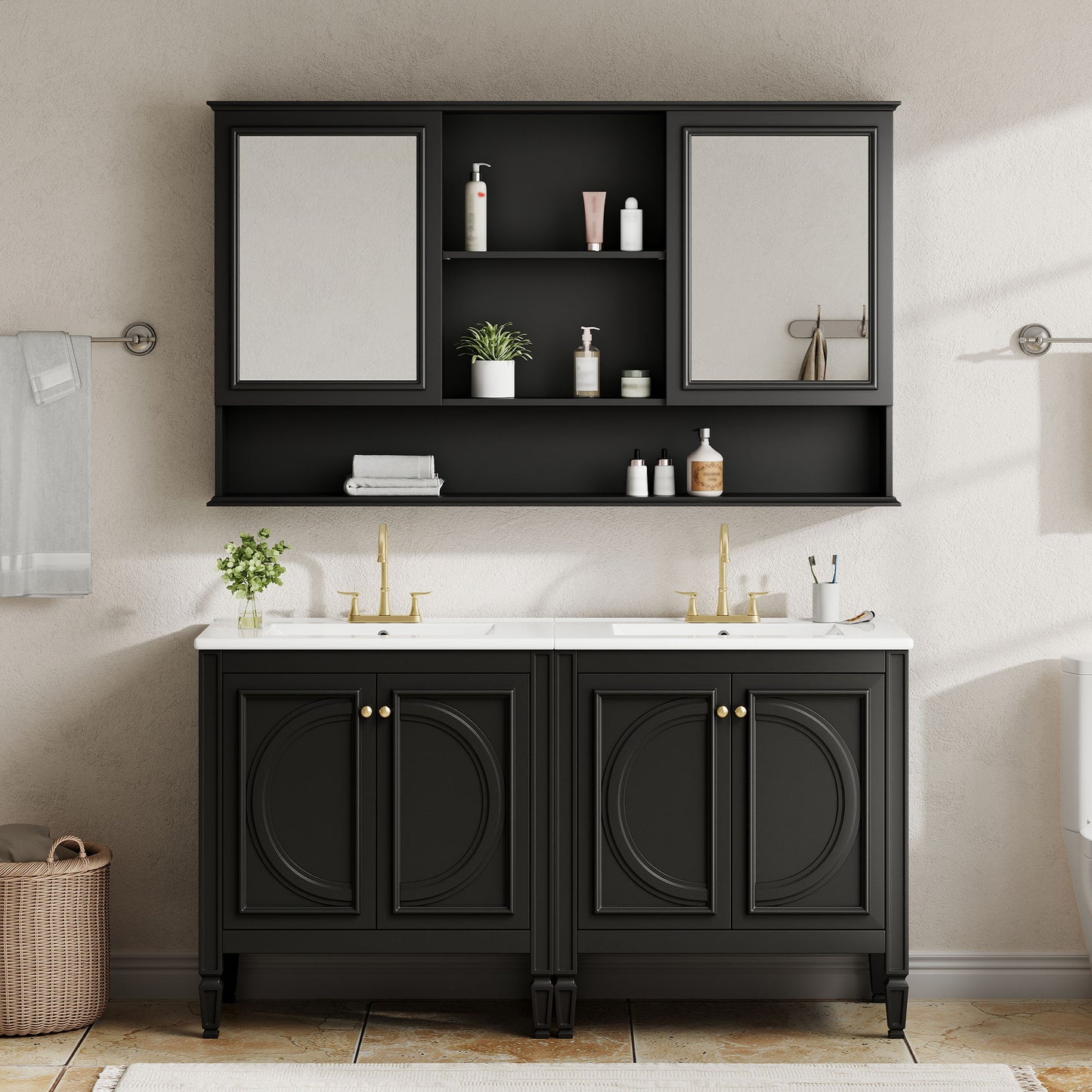 Double Sink Bathroom Vanity Set With Wall Mount Mirror Cabinet