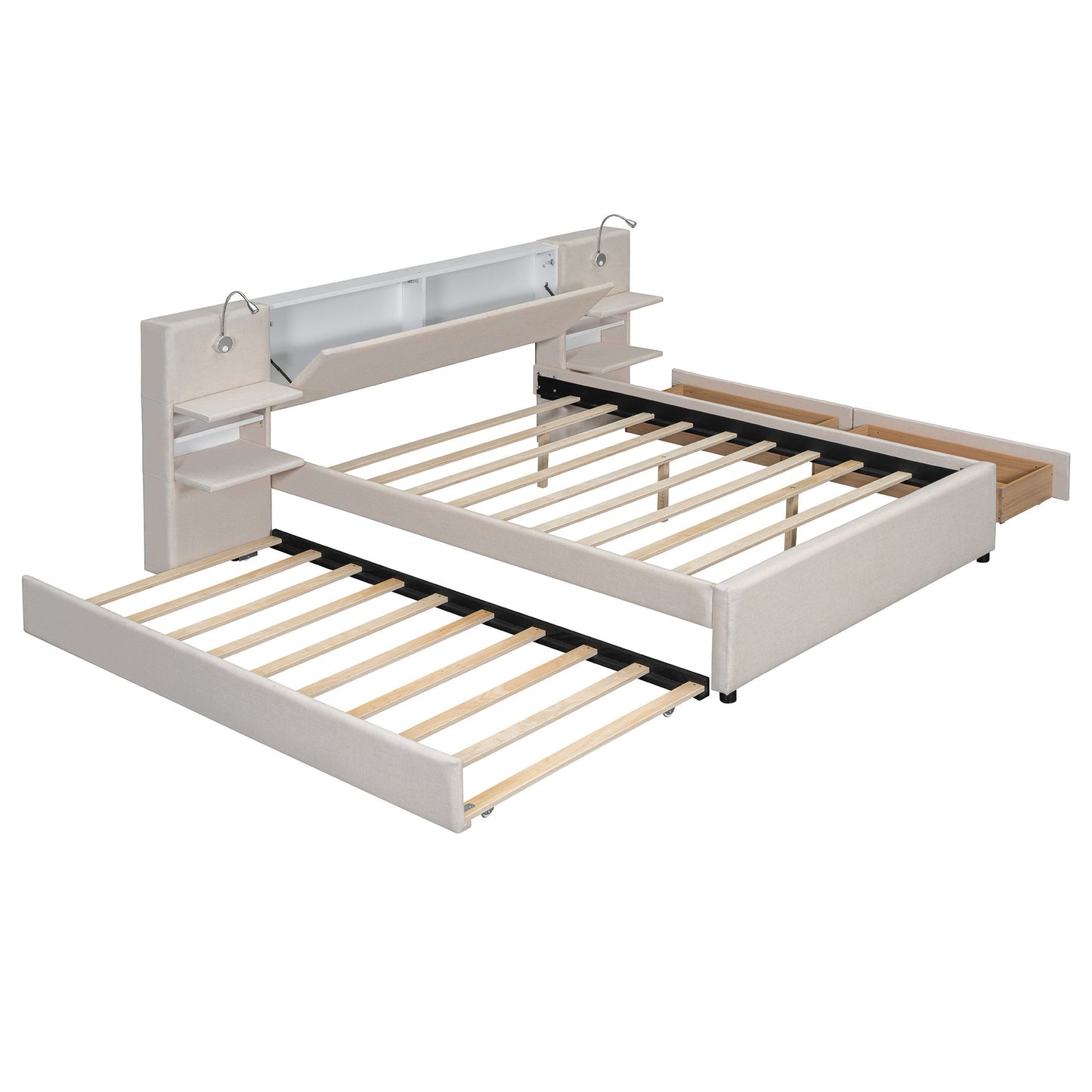 Upholstered Platform Bed With Reading Lights, Drawers, Trundle And Shelves