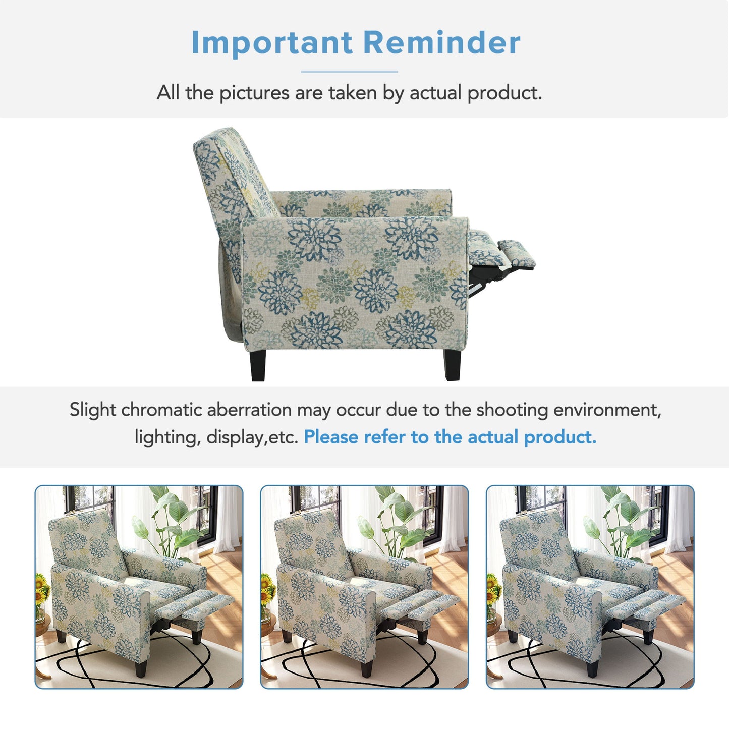 Upholstered Push Back Recliner Chair For Living Room - Blue