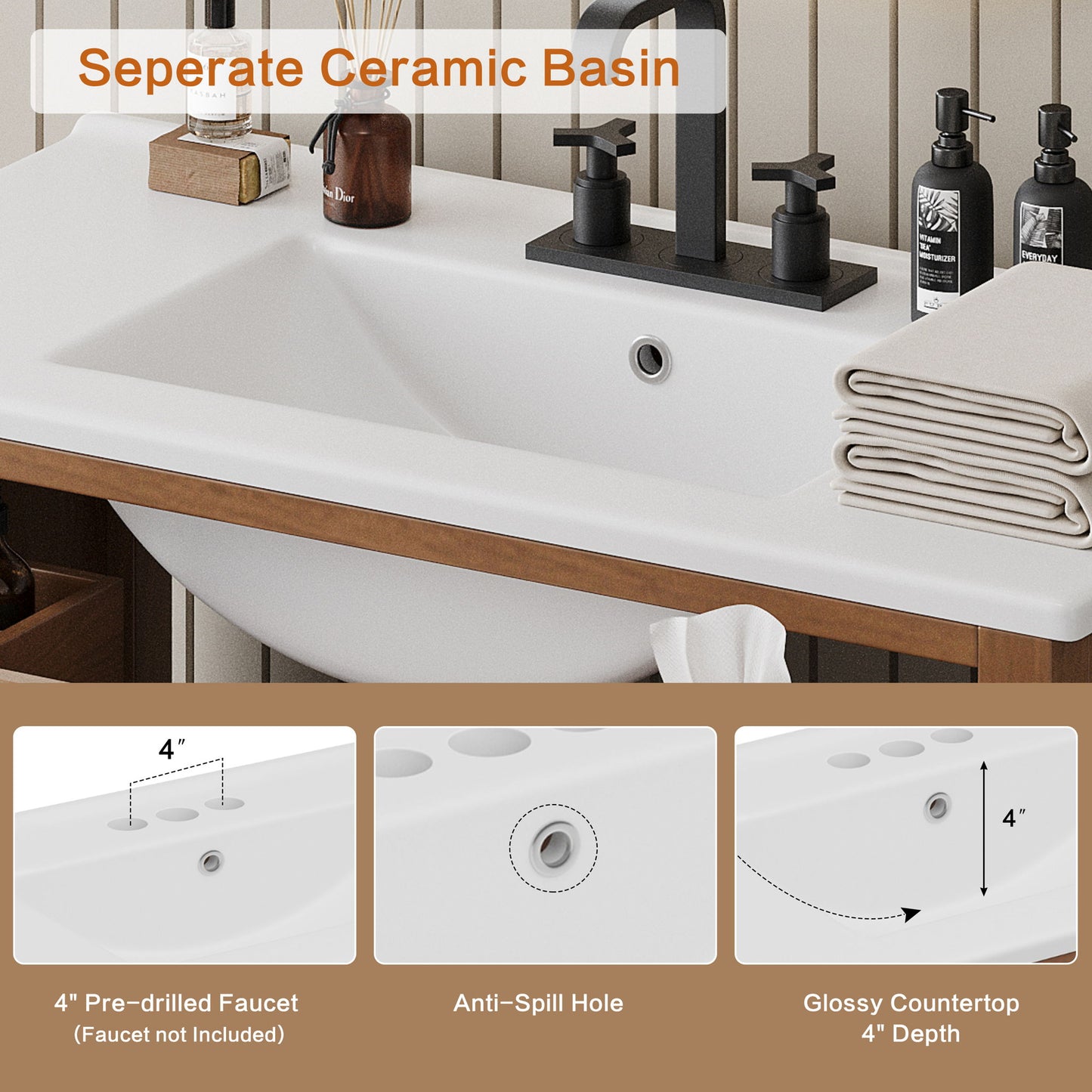 Bathroom Vanity With Ceramic Sink, Modern Free Standing Cabinet With Soft Close Drawers