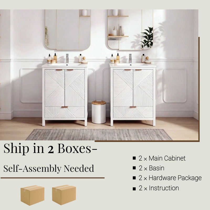 48" Bathroom Vanity Set With Textured Door Panels, Soft Close Hinges, Single Faucet Hole, Large Storage & Drawer - White