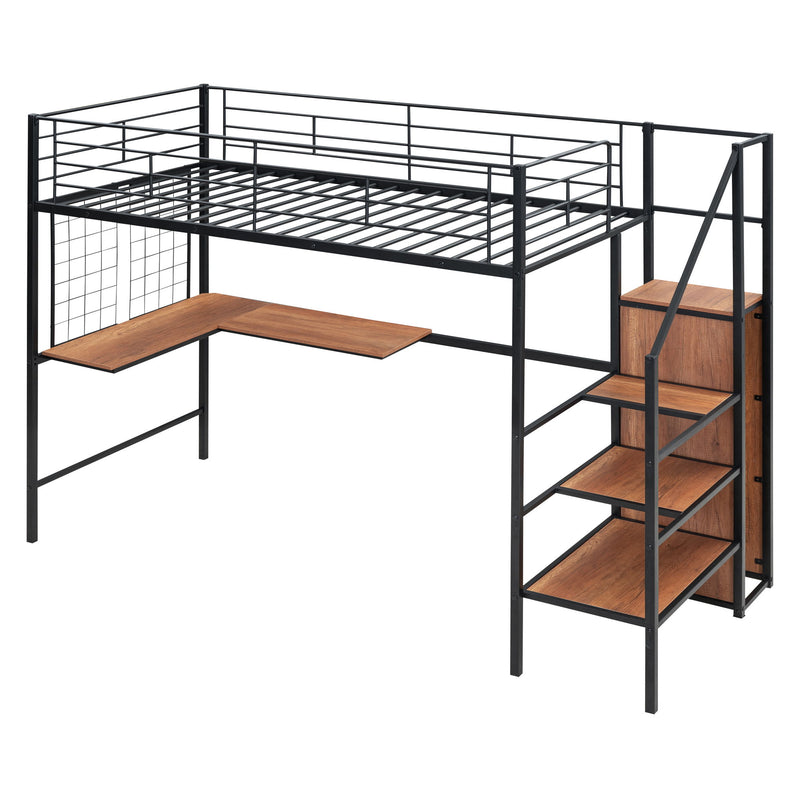 Twin Size Loft Bed With Desk And Grid, Storage Ladder And Wardrobe - Black
