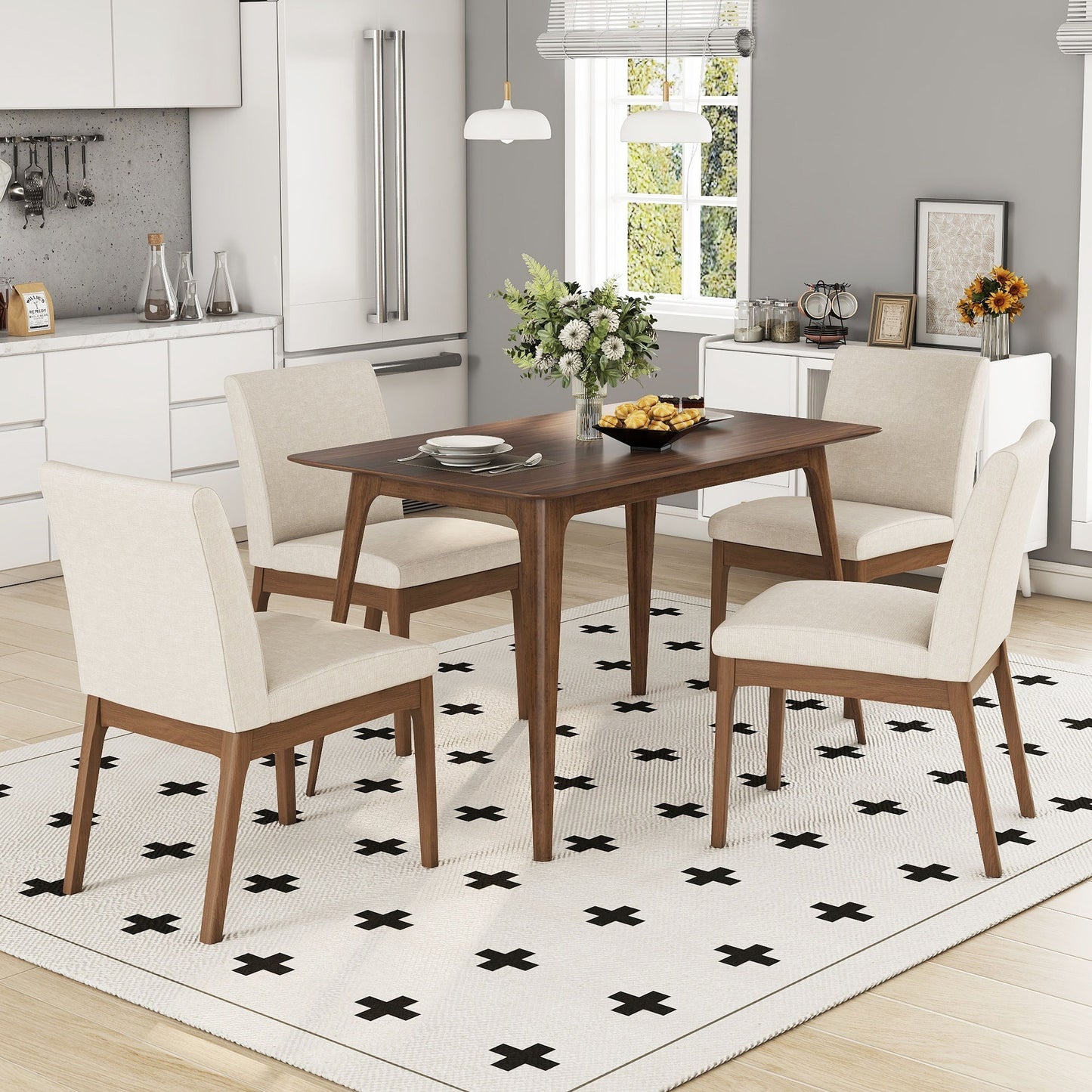 5 Piece Dining Set With Table And Upholstered Chairs - Light Beige / Walnut
