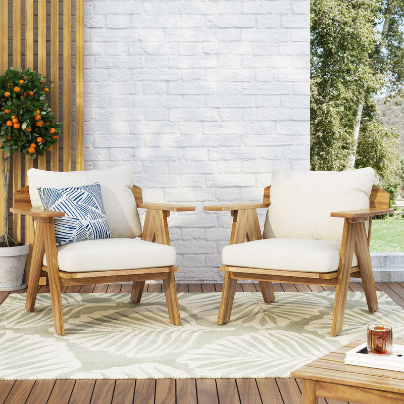 Outdoor Acacia Wood Club Chairs With Cushions (Set of 2) - Teak / Beige