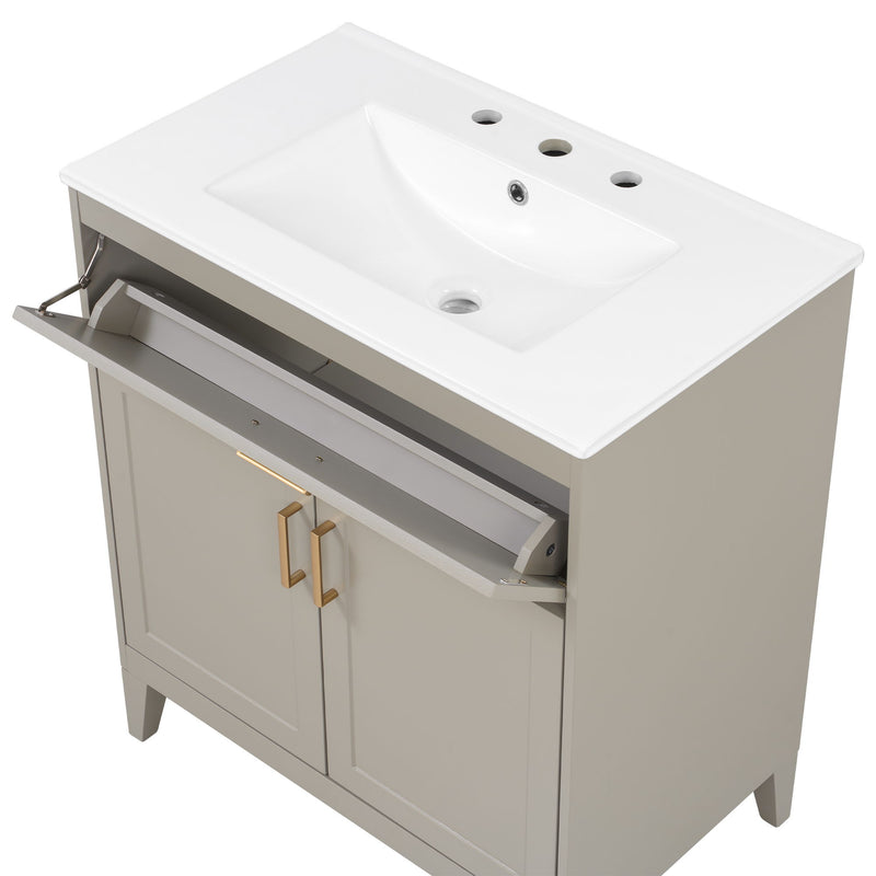 30" Bathroom Vanity With Sink Top, Soft Close Double Doors & Tip Out Drawer, Adjustable Interior Shelf, Door Mounted Organizers - Beige
