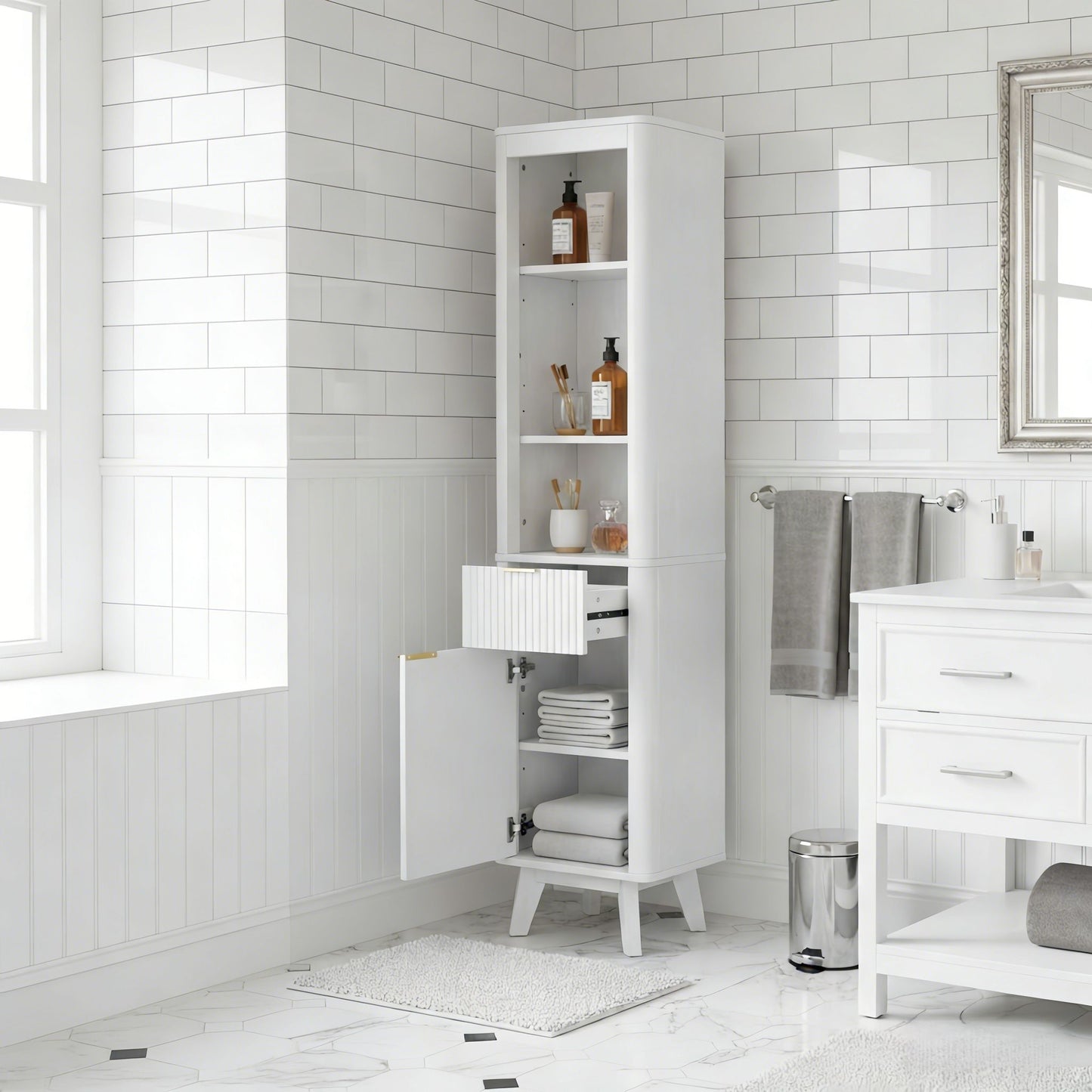 Tall Bathroom Storage Cabinet With Adjustable Shelves And 1 Drawer & Door