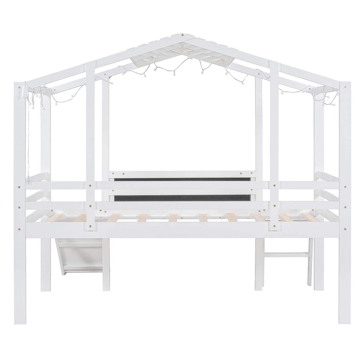 Loft House Bed With Ladder And Slide, With board And Light Strip On The Roof
