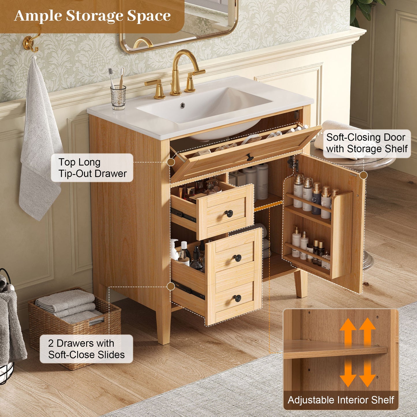 Bathroom Vanity With Sink, Soft Closing Cabinet