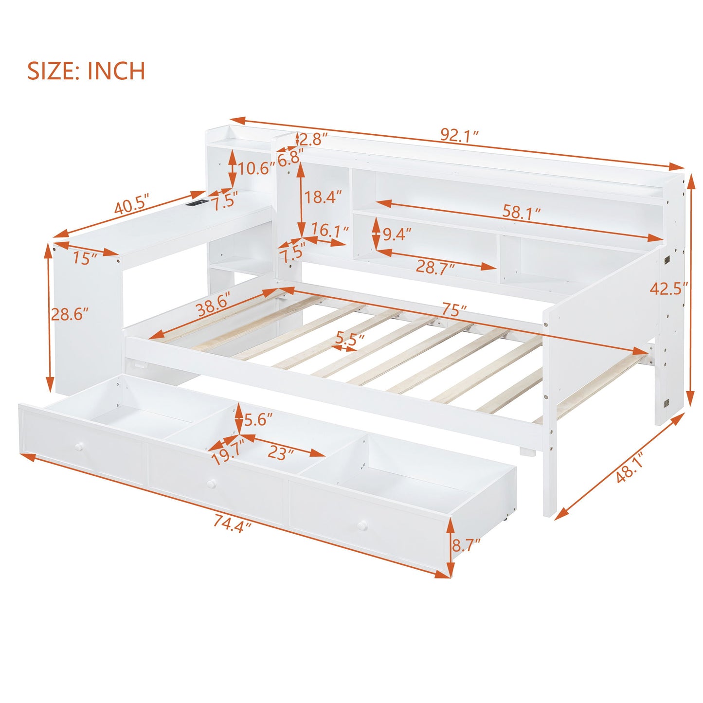 Daybed With 3 Drawers USB Ports And Desk