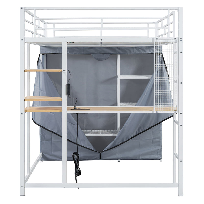Full Size Loft Bed With Desk, Shelves, Power Outlet, LED Light And Wardrobe - White